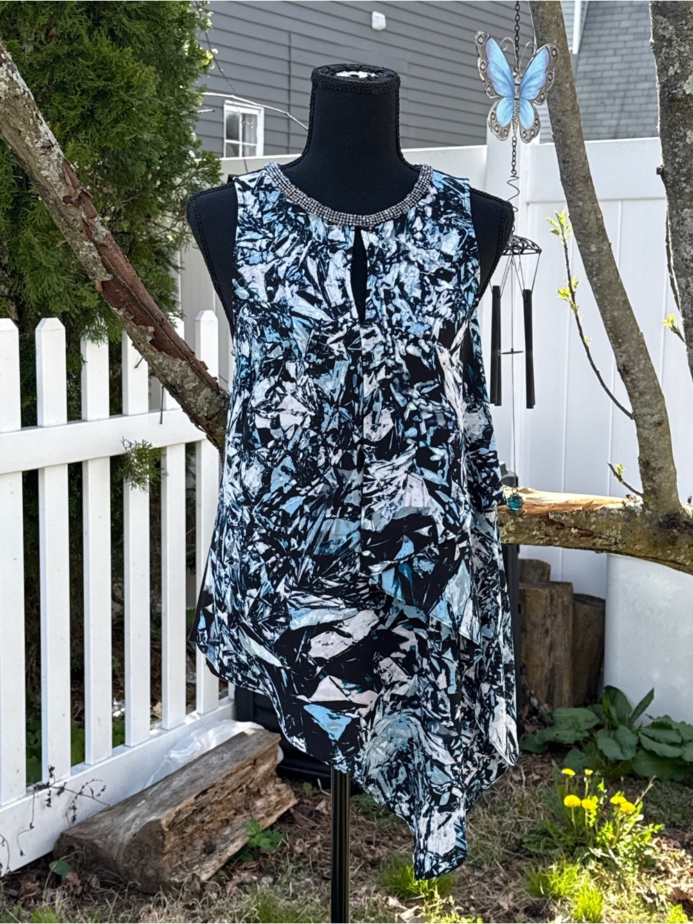 Black & Blue Abstract Print Embellished Neckline Asymmetric Tunic Top | Size XS